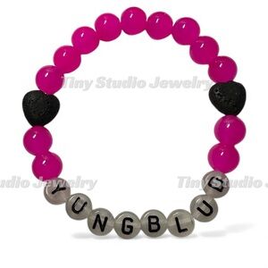 Yungblud Pink glass and Black heart Lava Beaded Bracelet